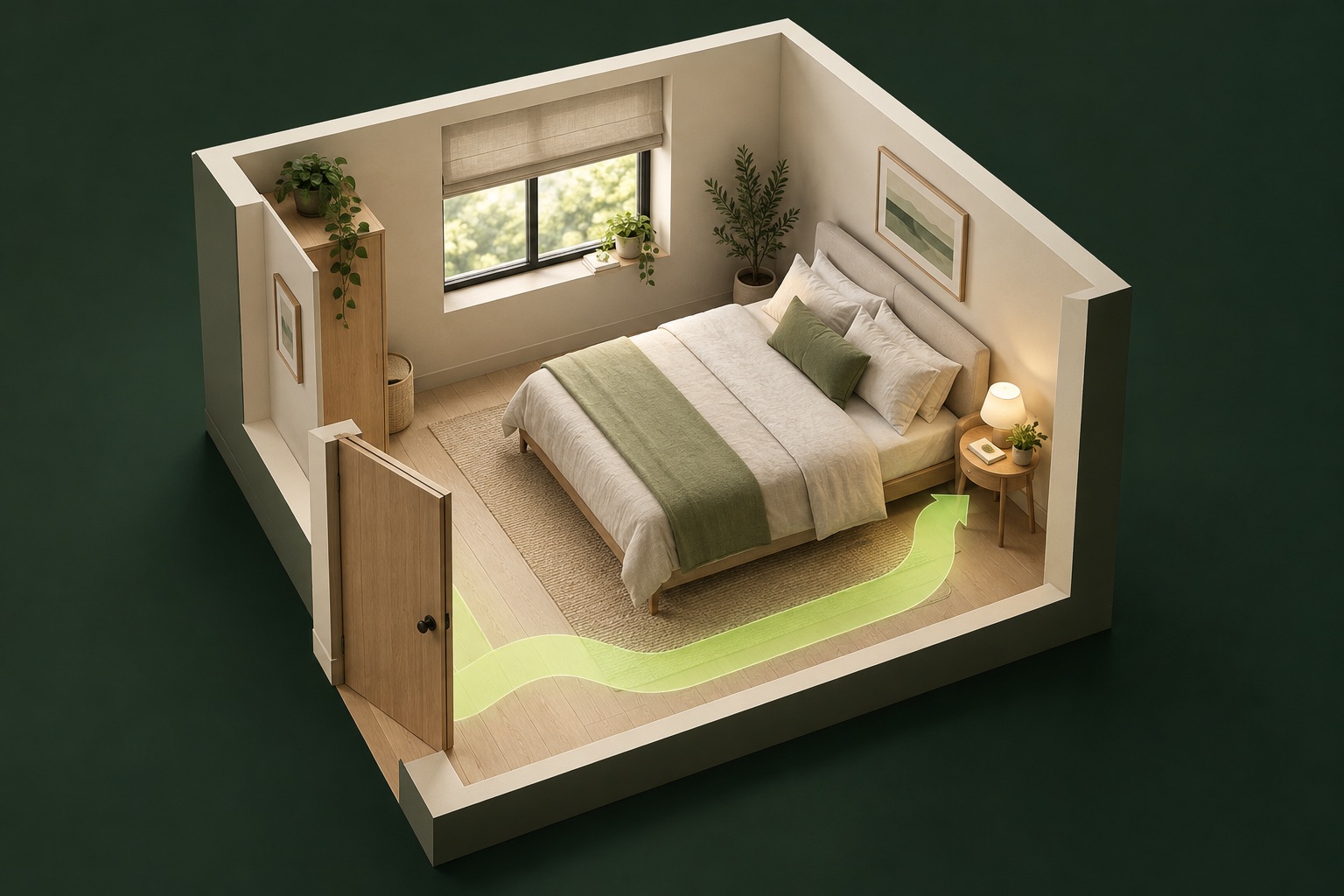 Fictional bedroom cutaway with a bed, window, wardrobe, open door and a curved conceptual circulation arrow