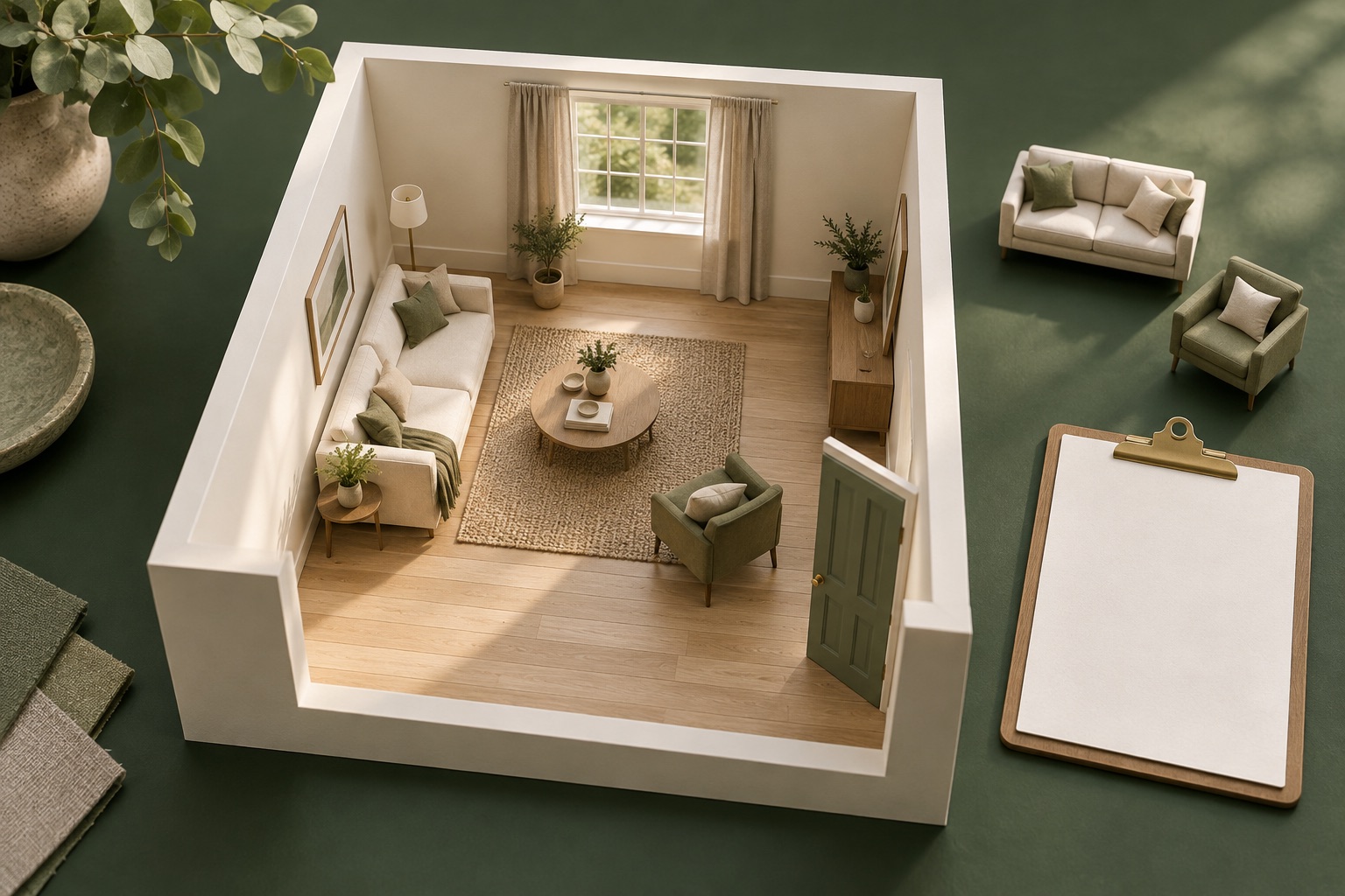 Fictieve AI-miniatuur van een woonkamer met bank, ronde tafel, fauteuil, kast en open deur; losse zitmeubels ernaast.