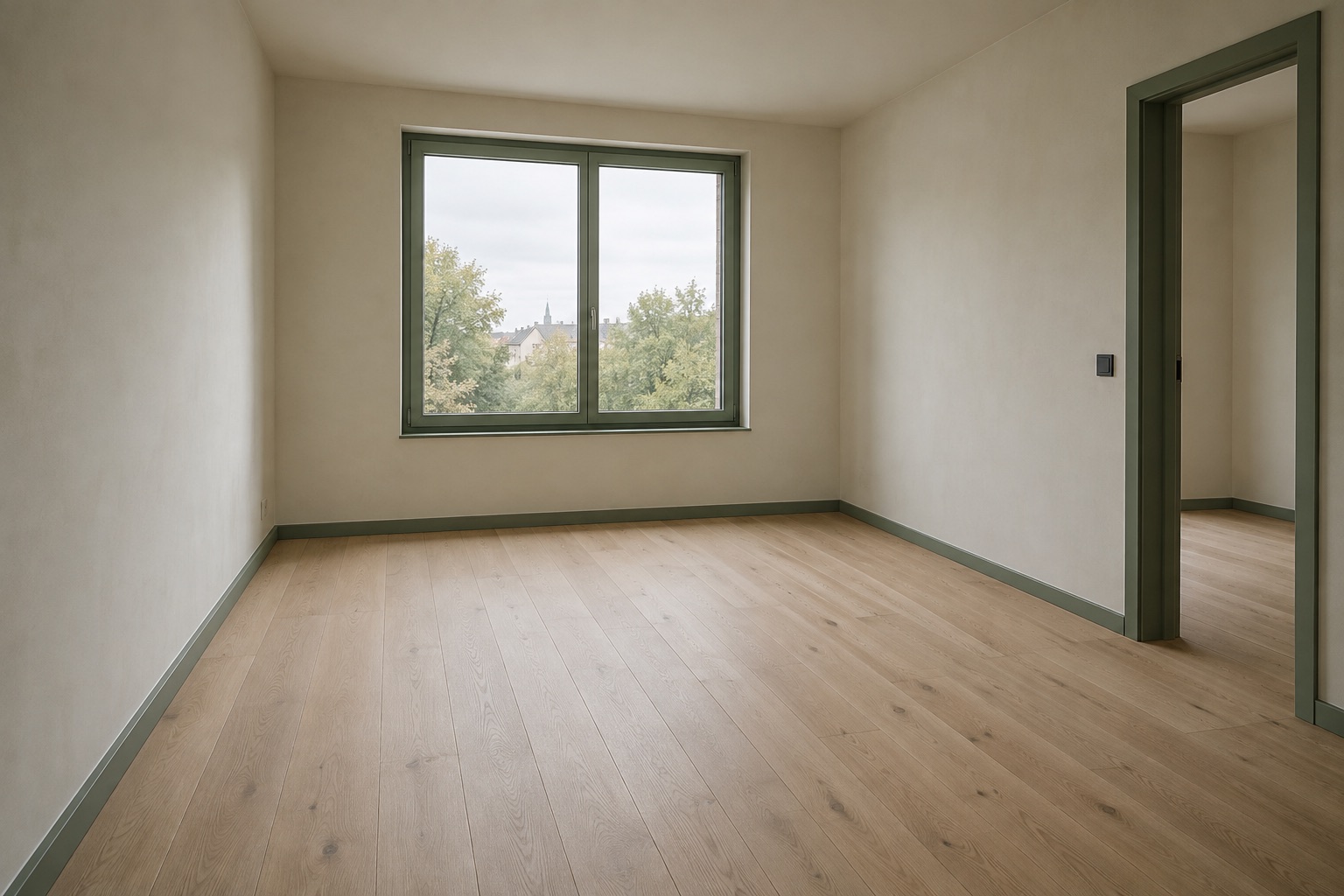 Fictional empty bedroom with a front window, right-hand doorway, green trim and a pale wood floor