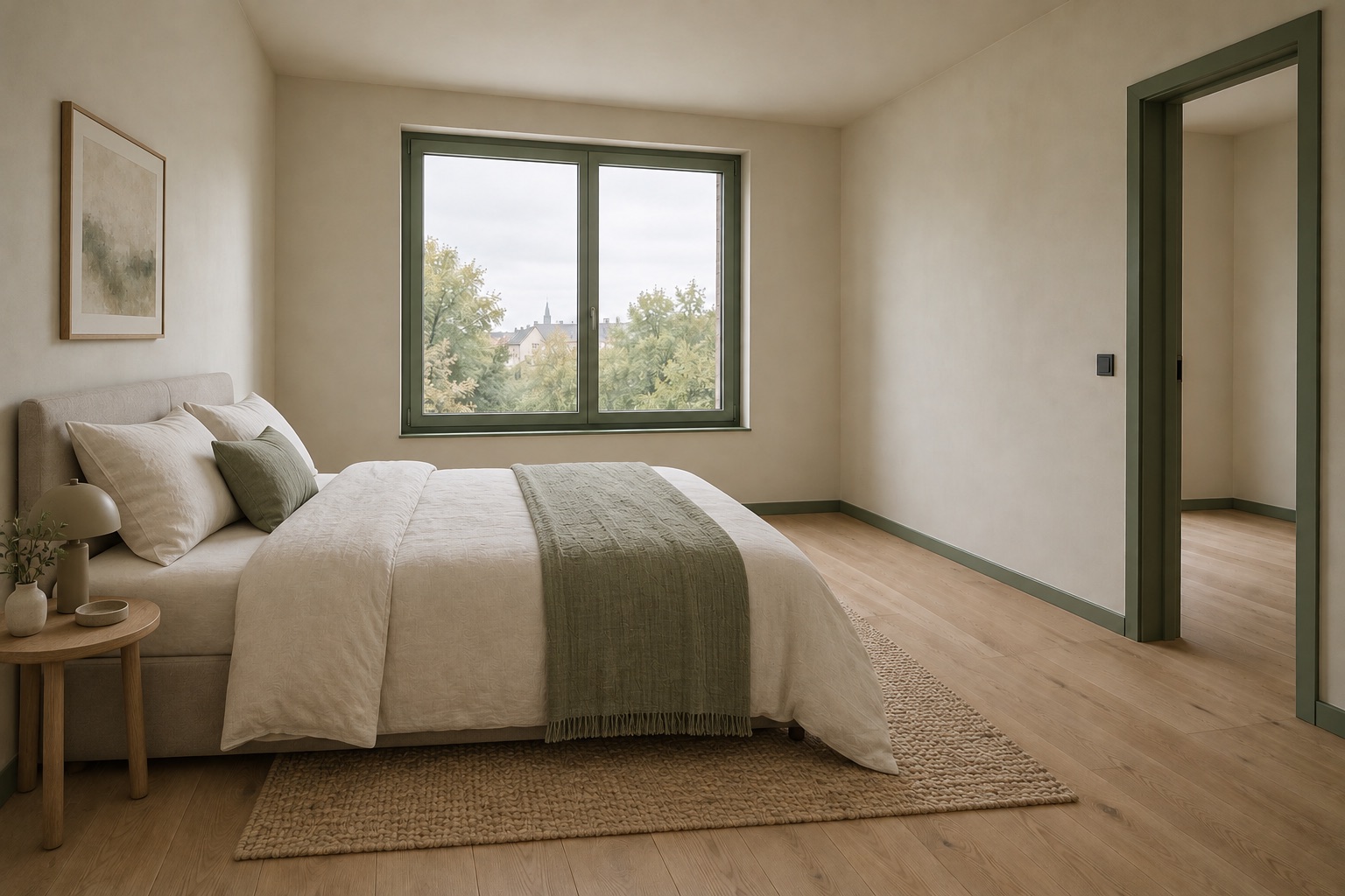 AI-generated fictional room edit with a bed, bedside table, rug, wall art, lamp and small decorative objects