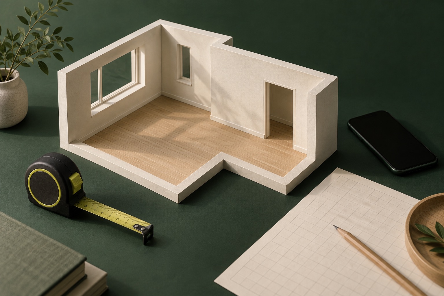 Fictief kamermodel op een werktafel met meetgereedschap