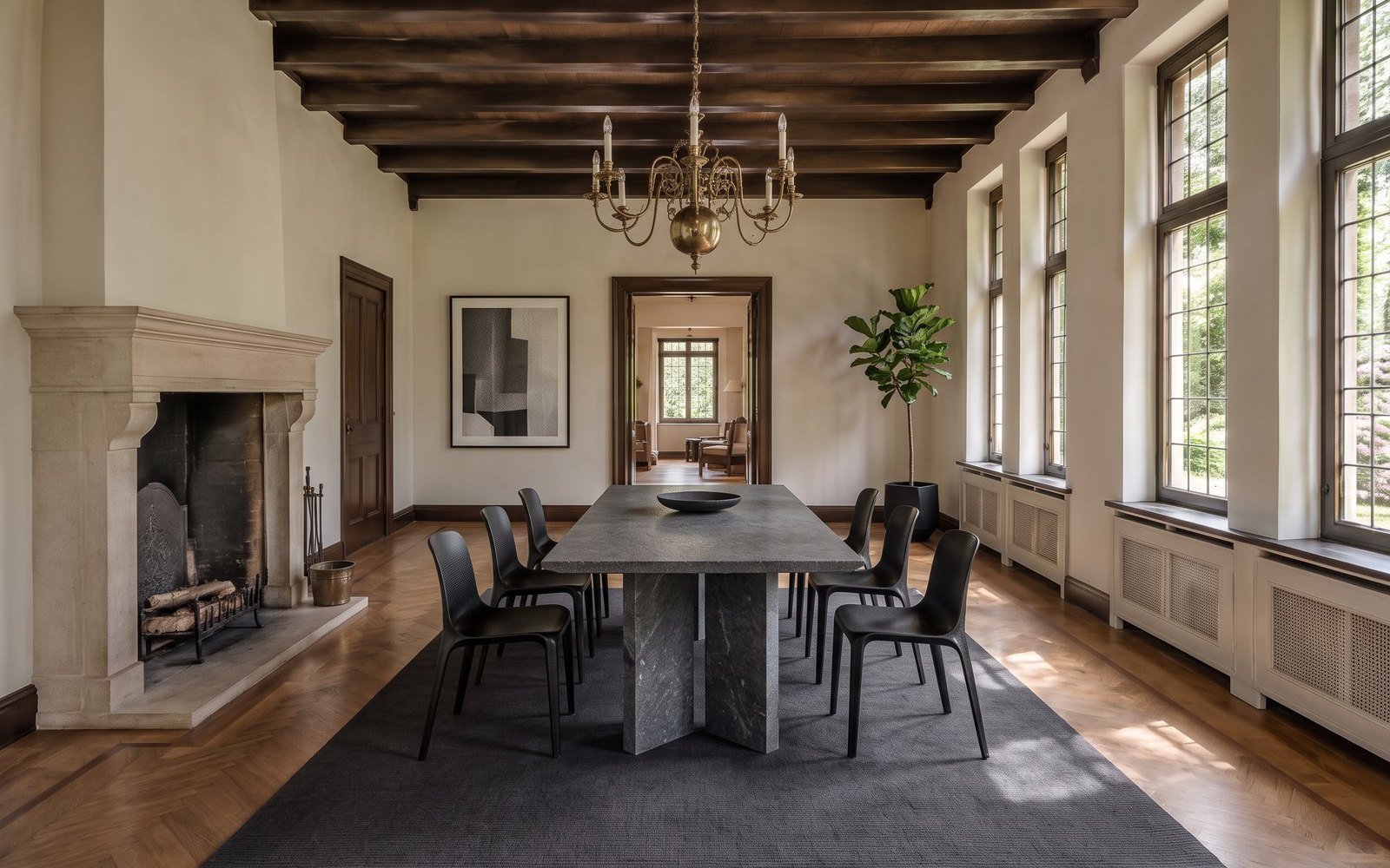 AI design on the same dining room: clean and modern, read as private dining