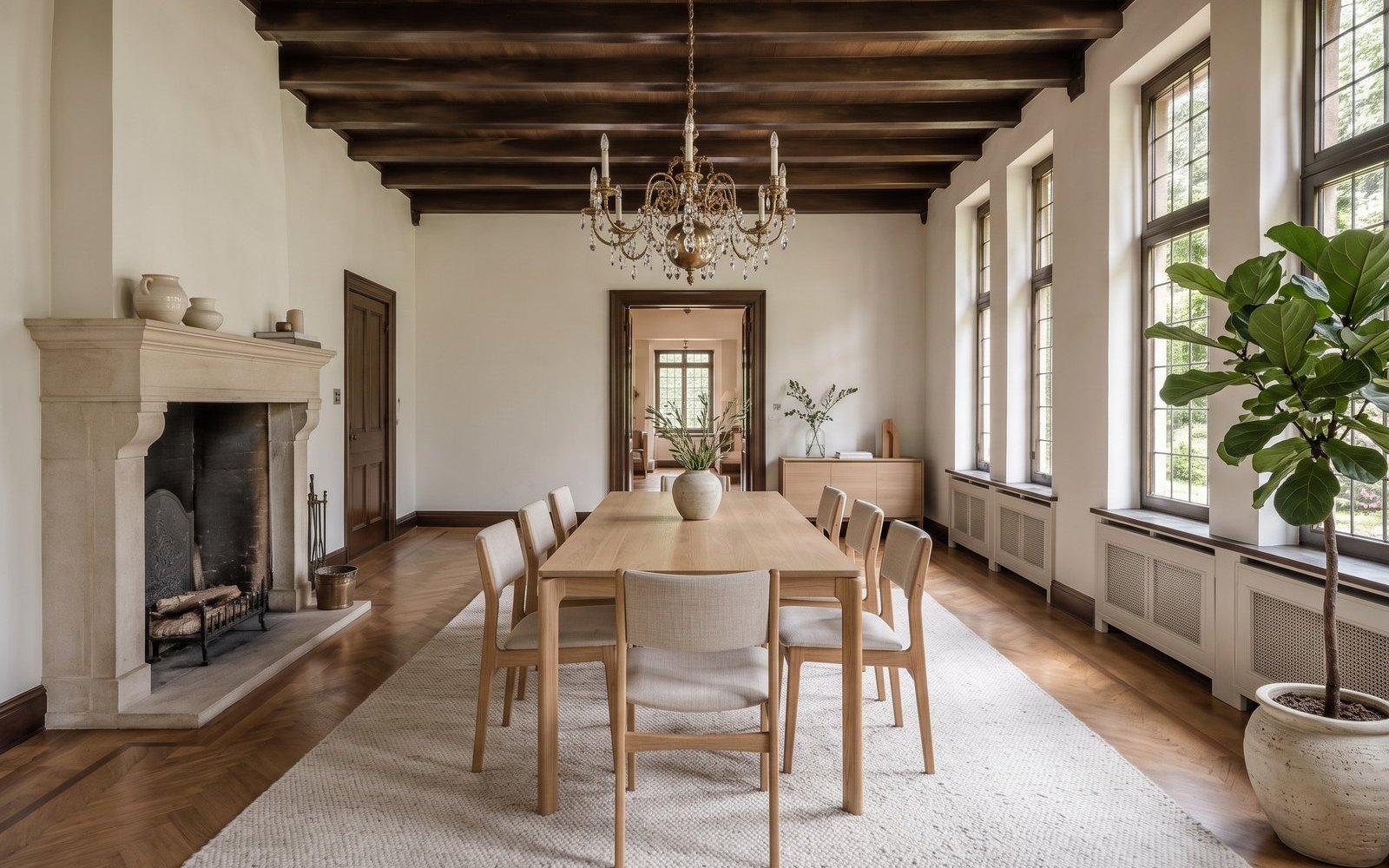 AI design on the same dining room: light and calm, read as a breakfast salon